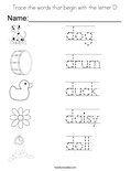 Trace the words that begin with the letter D. Coloring Page