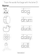 Trace the words that begin with the letter D Coloring Page