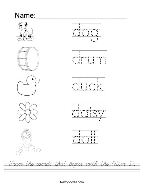 Trace the words that begin with the letter D Worksheet
