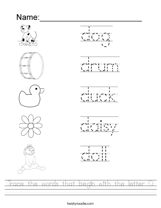 Trace the words that begin with the letter D. Worksheet