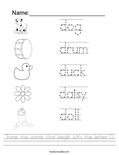 Trace the words that begin with the letter D. Worksheet