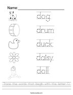 Trace the words that begin with the letter D Handwriting Sheet