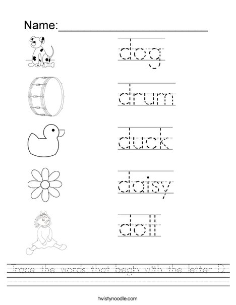 Trace the words that begin with the letter D Worksheet