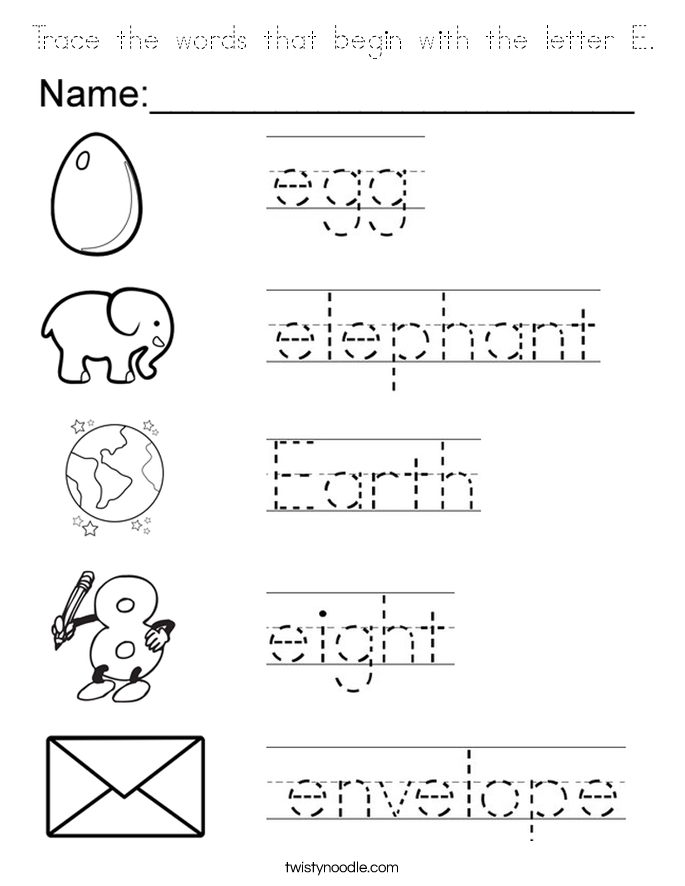 Trace the words that begin with the letter E. Coloring Page