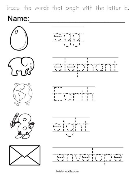 Trace the words that begin with the letter e Coloring Page