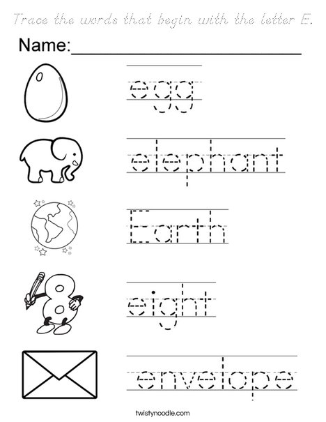 Trace the words that begin with the letter e Coloring Page