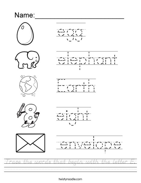 Trace the words that begin with the letter e Worksheet