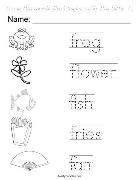 Trace the words that begin with the letter F. Coloring Page