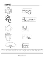 Trace the words that begin with the letter F Handwriting Sheet