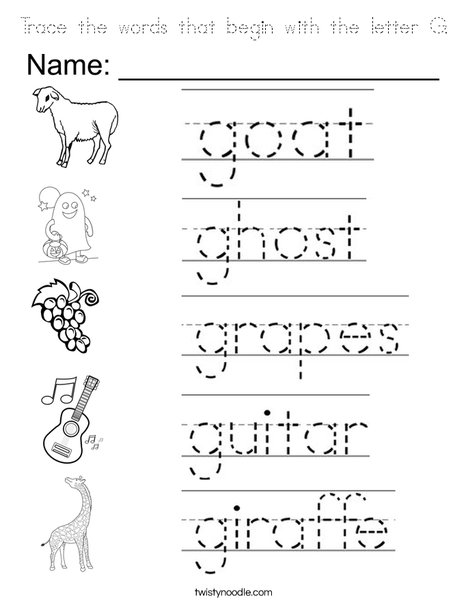 Trace the words that begin with the letter G. Coloring Page