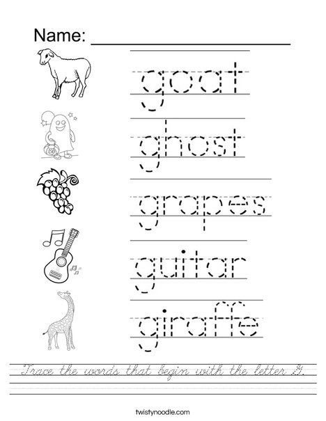 Trace the words that begin with the letter G. Worksheet