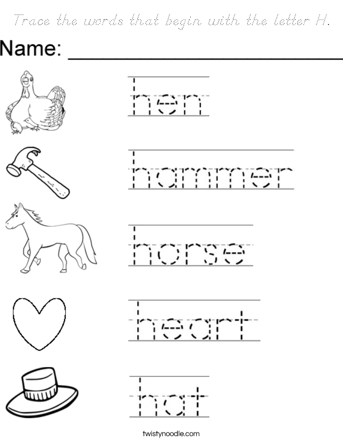 Trace the words that begin with the letter H. Coloring Page