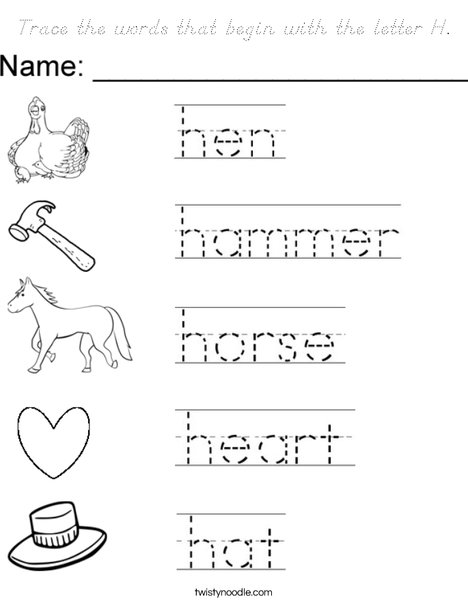 Trace the words that begin with the letter H Coloring Page
