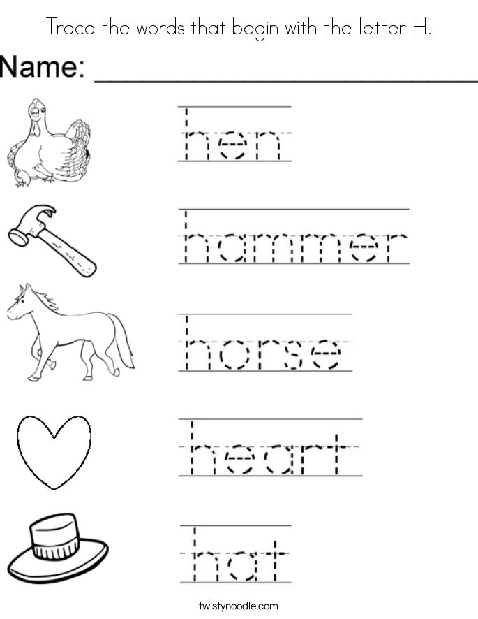 Trace the words that begin with the letter H. Coloring Page