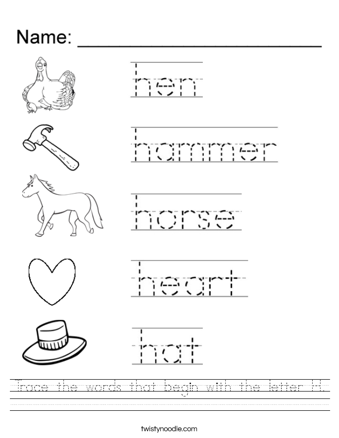 Trace the words that begin with the letter H. Worksheet