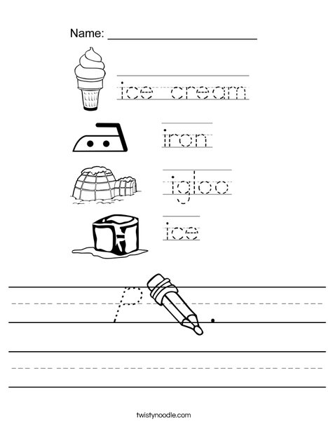Trace the words that begin with the letter I. Worksheet