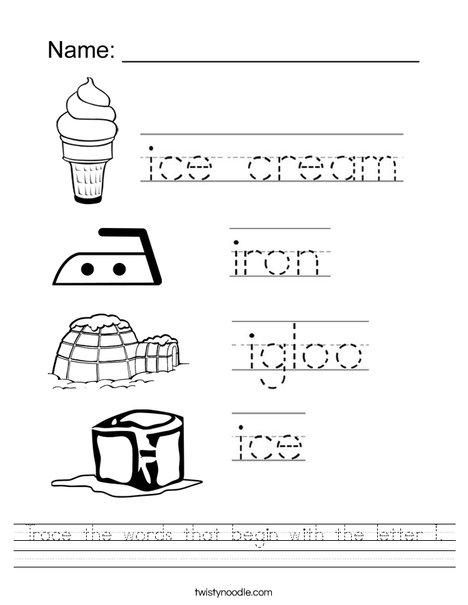 Trace the words that begin with the letter I. Worksheet
