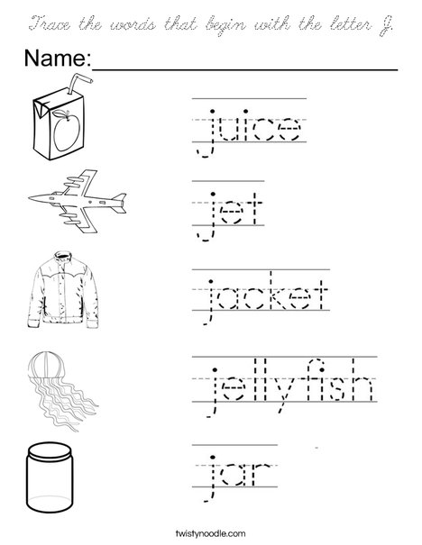 Trace the words that begin with the letter J. Coloring Page