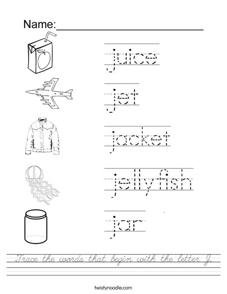 Trace the words that begin with the letter J. Worksheet