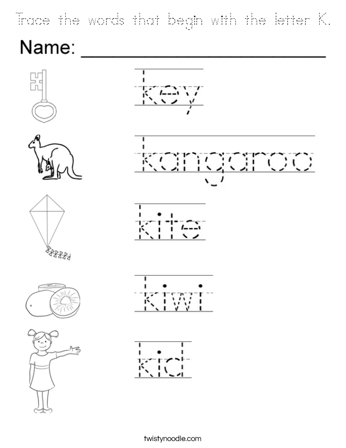 Trace the words that begin with the letter K. Coloring Page