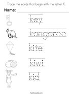 Trace the words that begin with the letter K Coloring Page