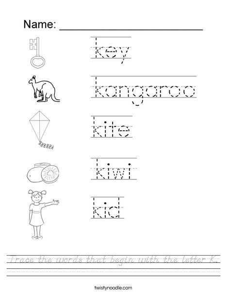 Trace the words that begin with the letter k Worksheet