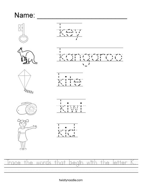 trace the words that begin with the letter k worksheet twisty noodle