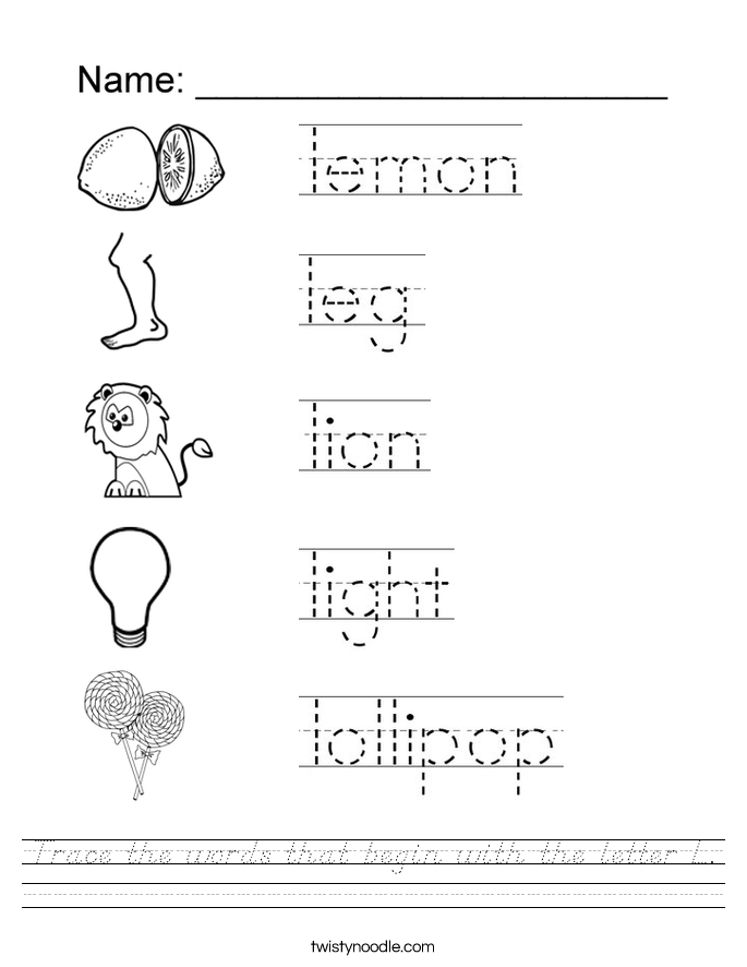 trace the words that begin with the letter l worksheet dnealian