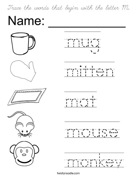 Trace the words that begin with the letter M. Coloring Page