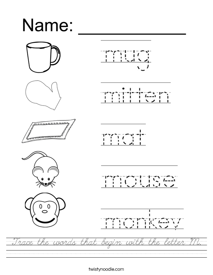 Trace the words that begin with the letter M. Worksheet