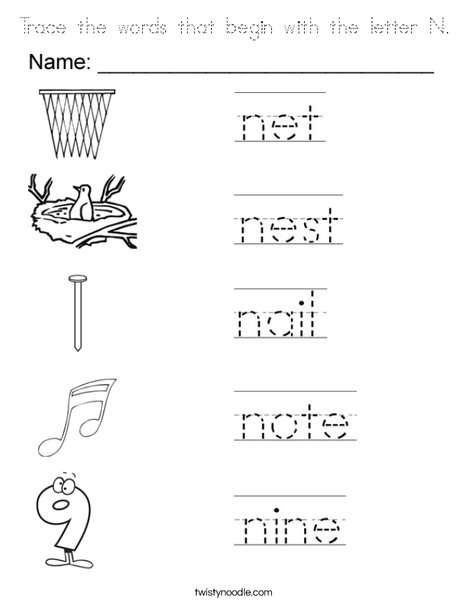 Trace the words that begin with the letter N. Coloring Page