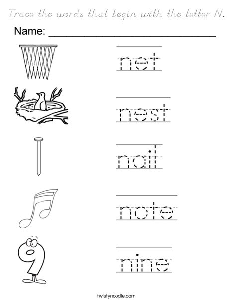 Trace the words that begin with the letter N Coloring Page - D'Nealian ...
