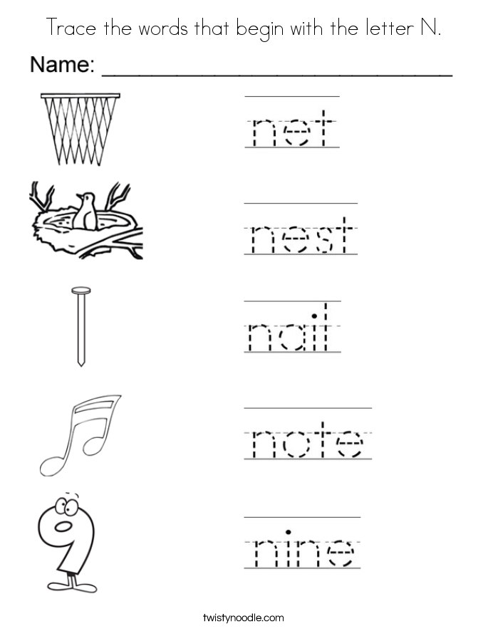 Trace the words that begin with the letter N. Coloring Page