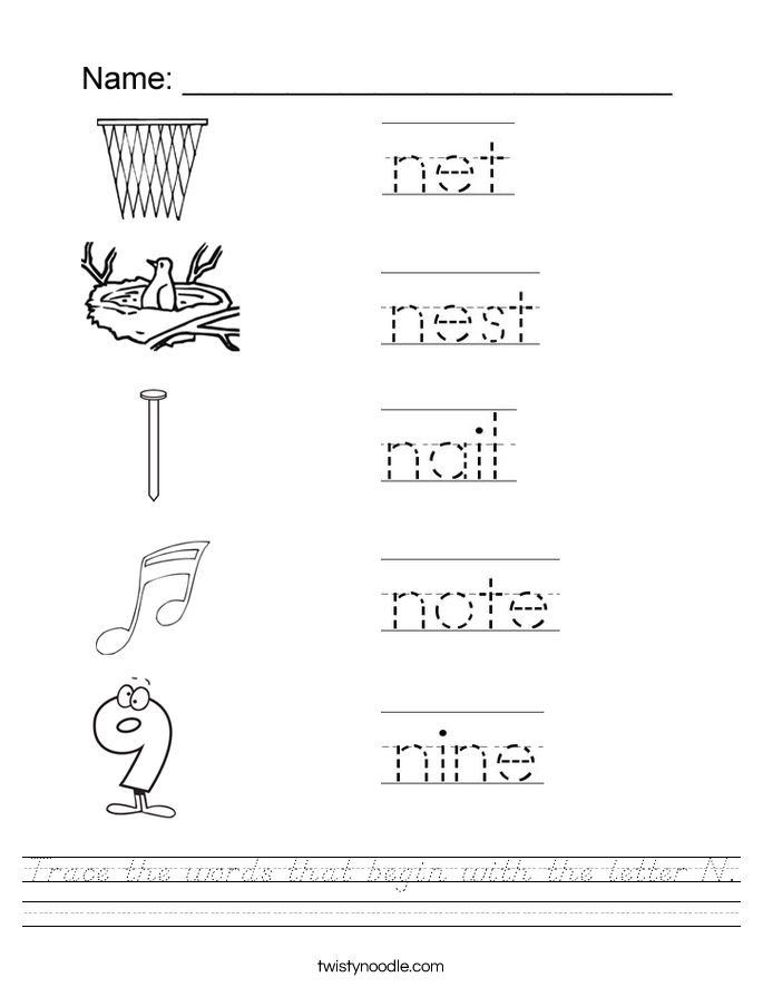 Trace the words that begin with the letter N. Worksheet