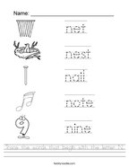 Trace the words that begin with the letter N Handwriting Sheet