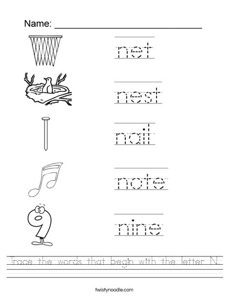 Trace the words that begin with the letter N. Worksheet