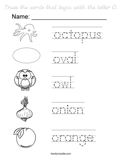 Trace the words that begin with the letter O Coloring Page
