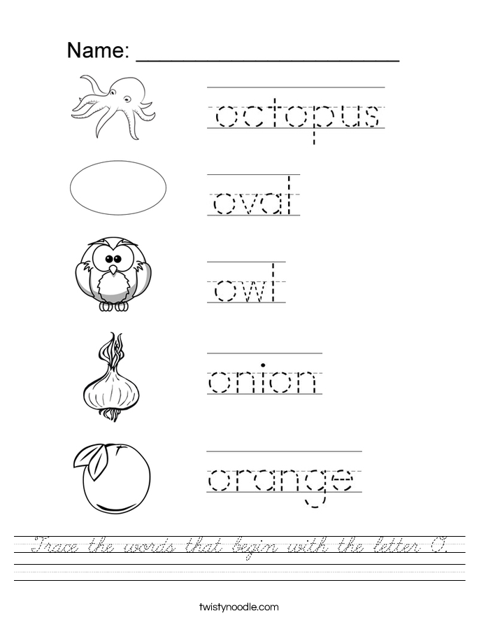 Trace the words that begin with the letter O. Worksheet