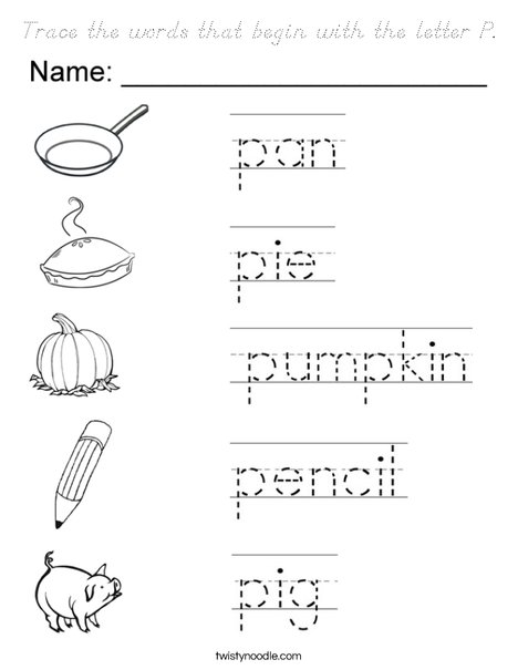 Trace the words that begin with the letter P. Coloring Page