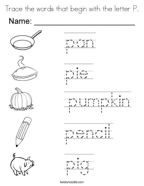 Trace the words that begin with the letter P. Coloring Page