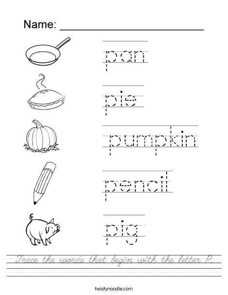 Trace the words that begin with the letter P. Worksheet