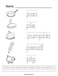 Trace the words that begin with the letter P. Worksheet