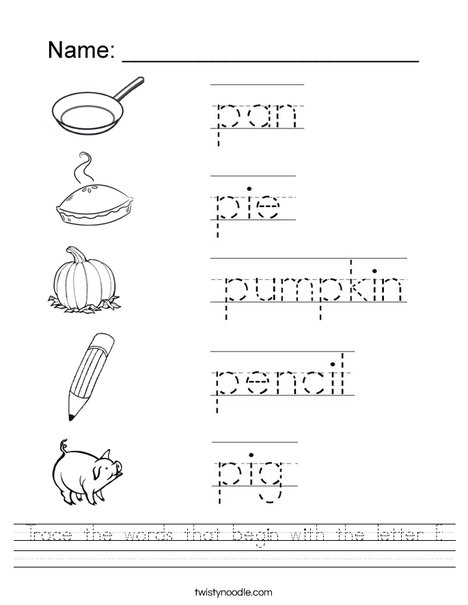 Trace the words that begin with the letter P. Worksheet