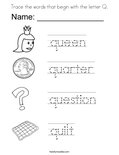Trace the words that begin with the letter Q. Coloring Page