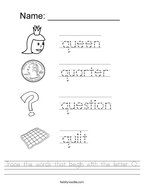 Trace the words that begin with the letter Q Handwriting Sheet