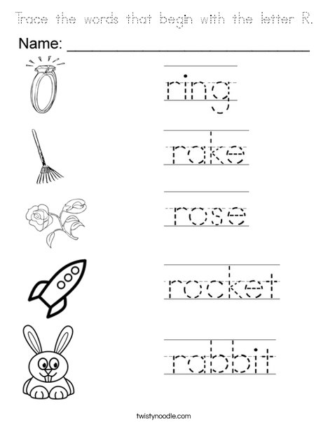 Trace the words that begin with the letter R. Coloring Page