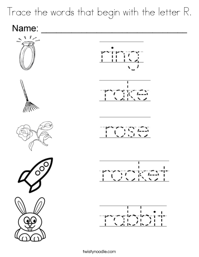 Trace the words that begin with the letter R. Coloring Page