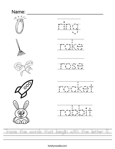 Trace the words that begin with the letter R. Worksheet