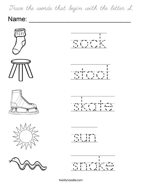 Trace the words that begin with the letter S. Coloring Page