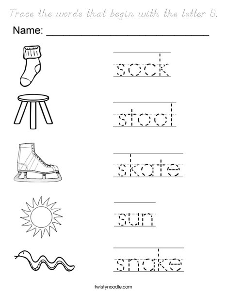 Trace the words that begin with the letter S. Coloring Page